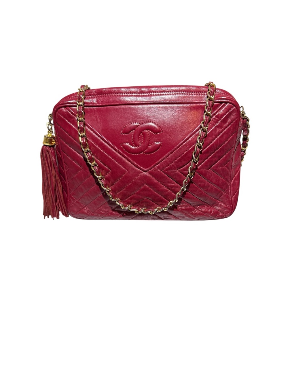 Vintage CHANEL Chevron Lambskin Tassel Camera Bag Red Gold HW 0-Series 1986-1988